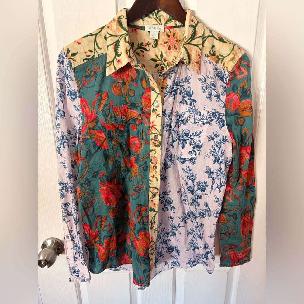 Sundance Floral Patchwork Cotton Button Down Blou… - image 1